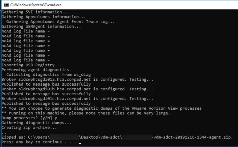 VMware Horizon Support.bat log collection completed.